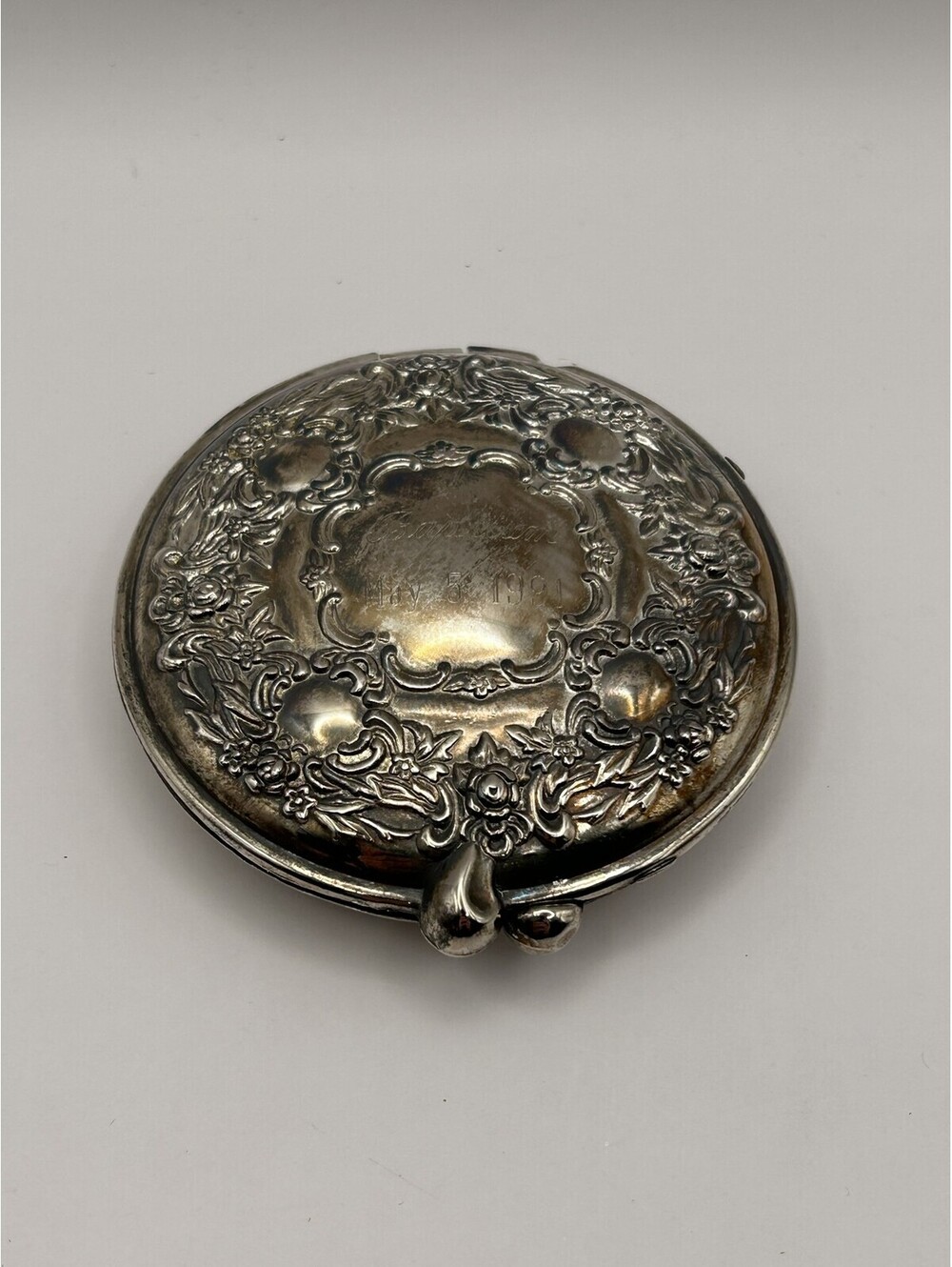 Elegance Silver Plated Zinc Compact Mirror Used
